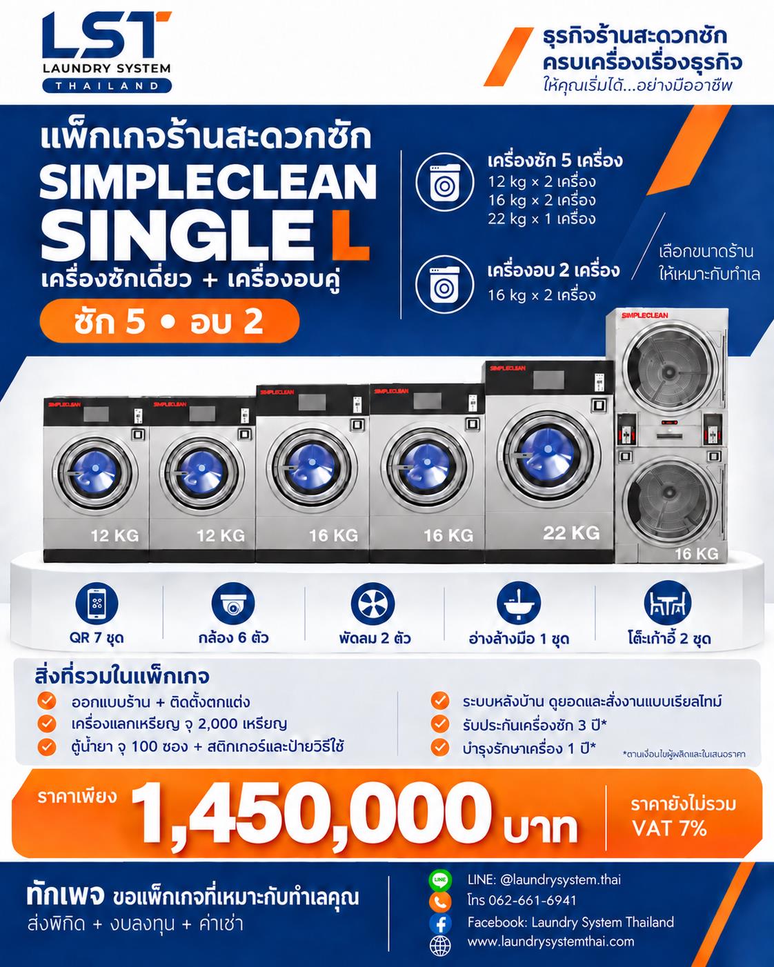 แพ็กเกจ SIMPLECLEAN Single L ซัก 5 อบ 2 ราคา 1,450,000 บาท