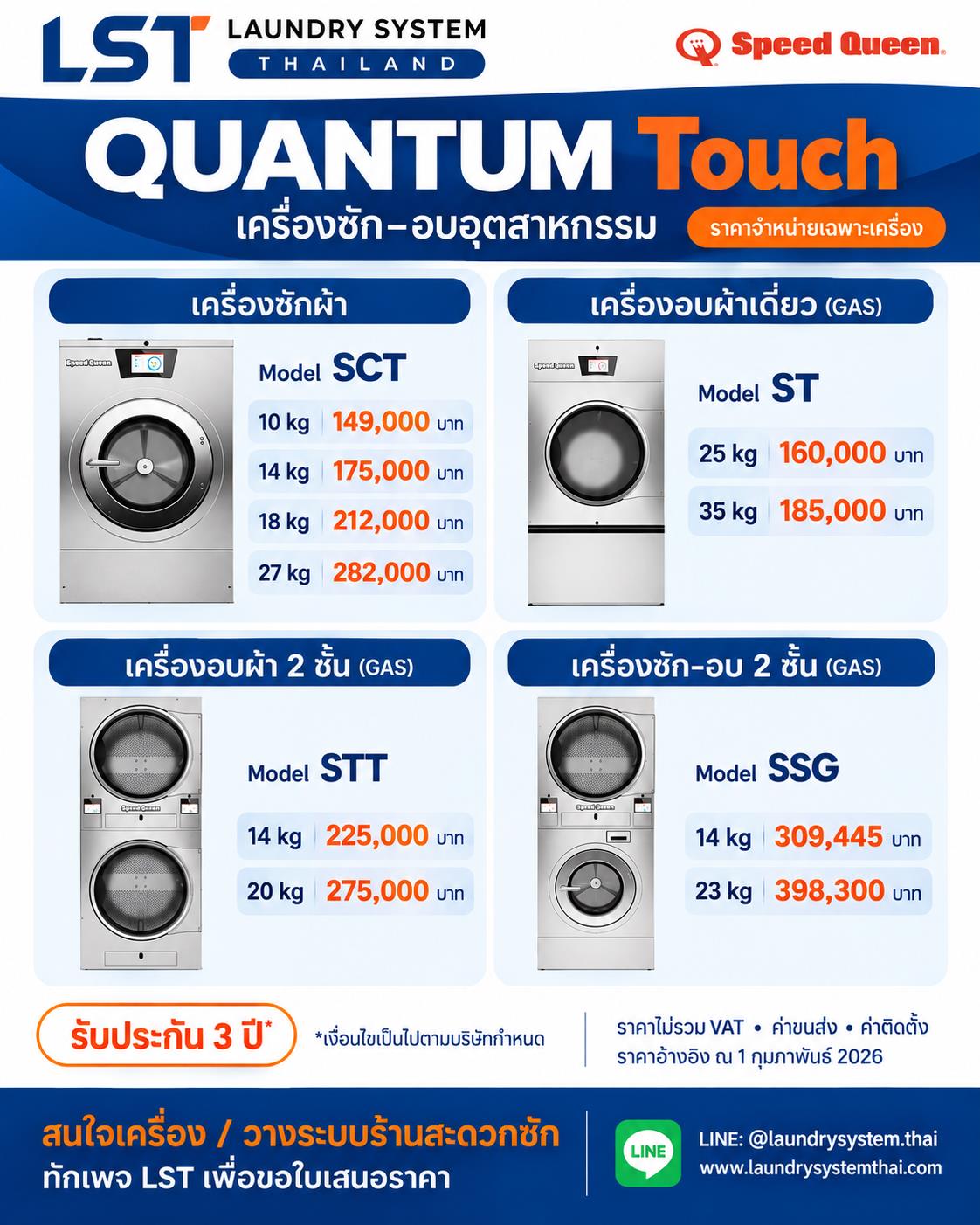 ตารางราคาเครื่องซัก–อบ Speed Queen Quantum Touch เฉพาะเครื่อง